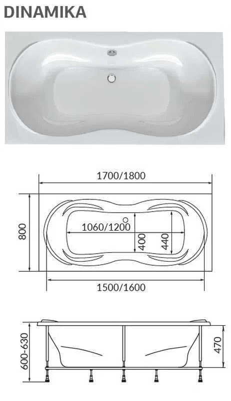 Акриловая ванна 1MarKa Dinamika 180 х 80 см, цвет белый, 01ди1880, современныe, hi-tech - фото 3