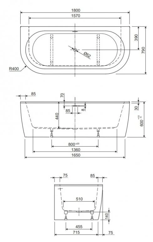 Ванна акриловая Cezares Slim Wall-180-80-44-W37, 180 x 80 см, белый - фото 2