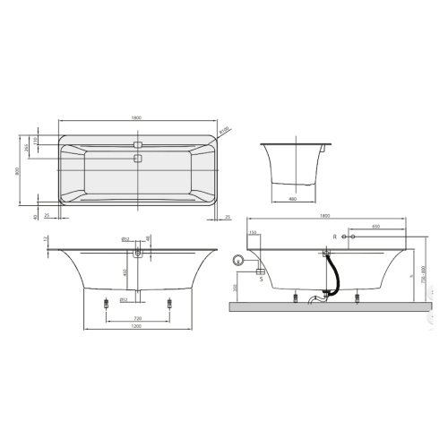 Ванна квариловая Villeroy & Boch Squaro Edge 12 180х80 см с ножками и сливом-переливом - фото 3