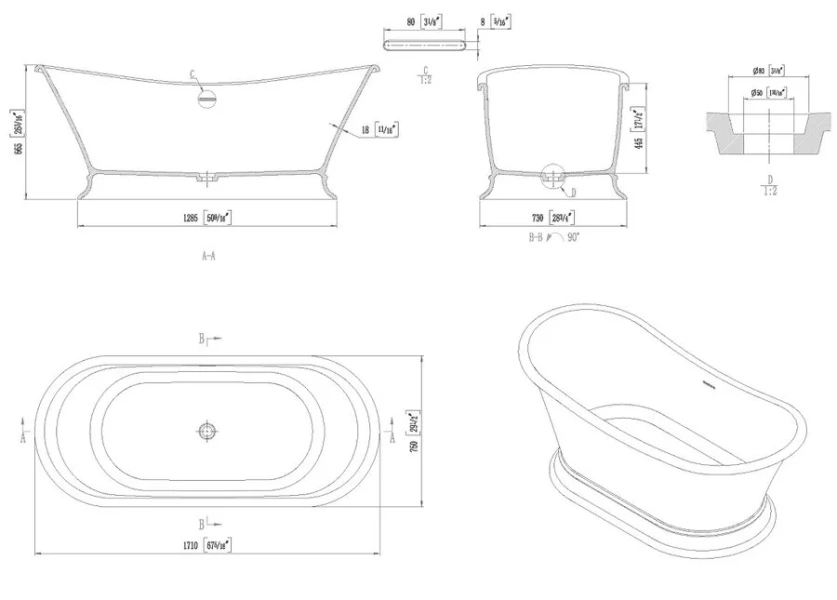 Ванна Allen Brau Krion Classic 2.35004.21, 170 х 75 см, искусственный камень, цвет белый матовый - фото 2