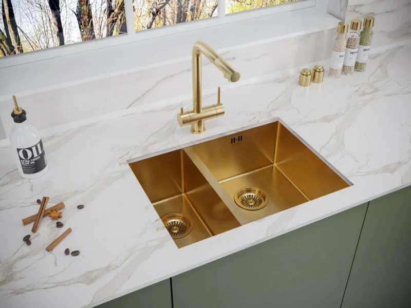 Мойка для кухни Paulmark Zusat 59 см брашированное золото, левосторонняя, с одной дополнительной чашей - фото 8