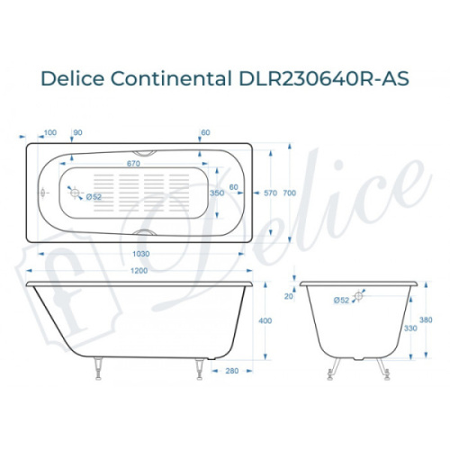 Ванна чугунная Delice Continental Plus 120х70 см с отверстиями под ручки, без гидромассажа, маленькие - фото 6
