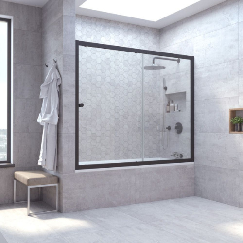 Душевая шторка на ванную профиль черный матовый стекло шиншилла Vegas-glass - фото 1