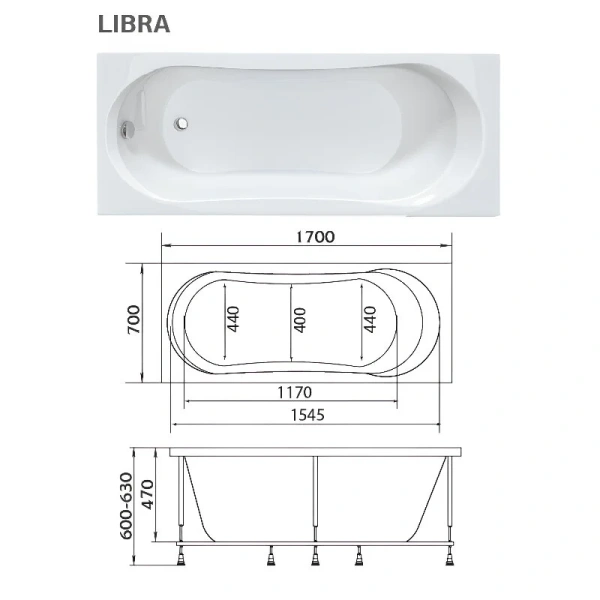 Ванна акриловая 1MarKa Libra 01ли1770кп, 170 x 70 см, цвет белый - фото 2