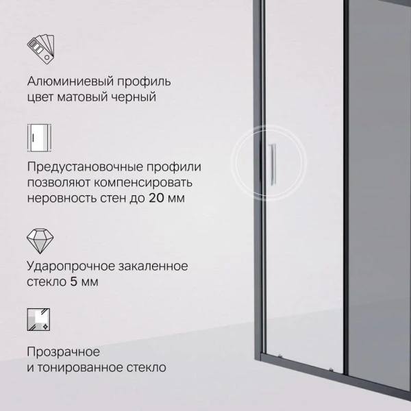 Душевая дверь в нишу AM.PM Gem Solo 100 см профиль черный стекло тонированное, недорогие, в нишу, стеклянные - фото 5