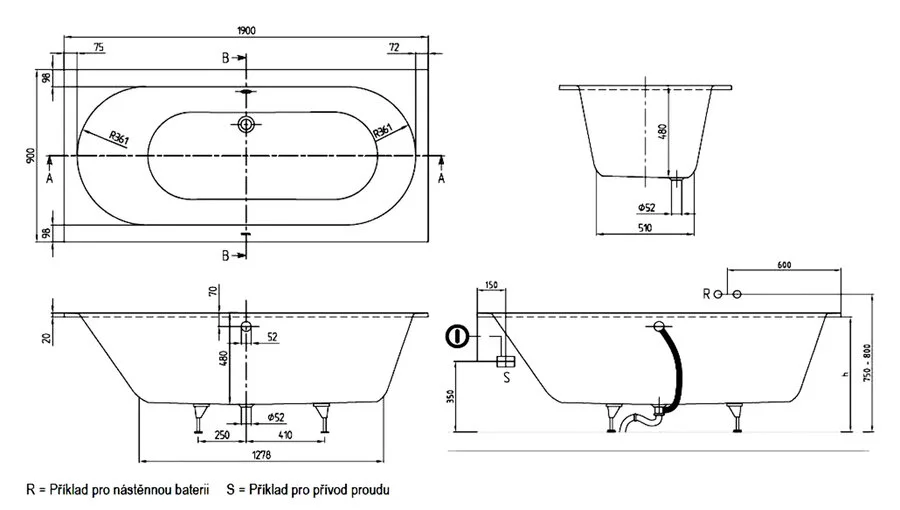Ванна квариловая Villeroy & Boch Oberon 190х90 см с ножками - фото 2