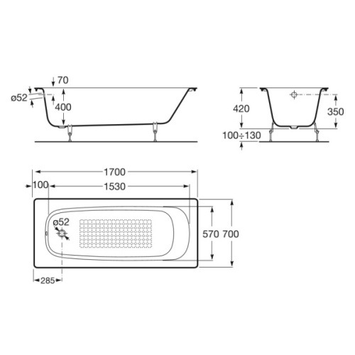Ванна чугунная Roca Continental 170x70 см с противоскользящим покрытием - фото 4