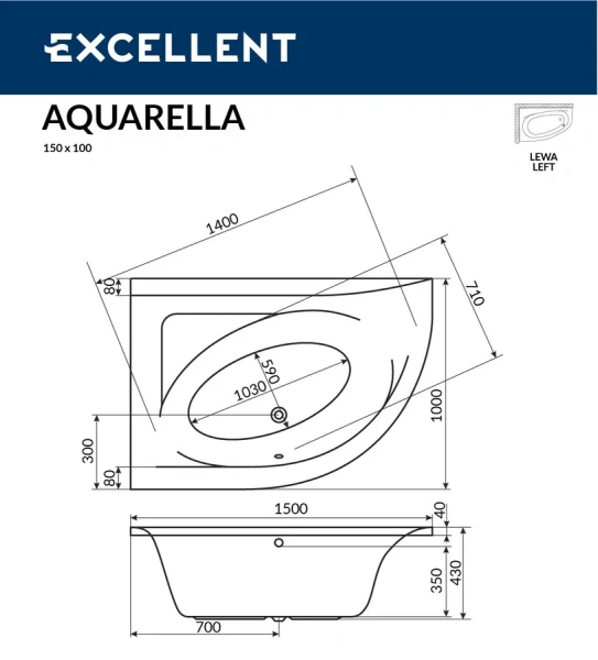 Ванна акриловая Excellent Aquarella 150 x 100 см, левая/правая - фото 3