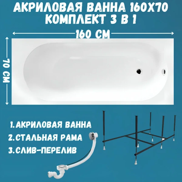 Ванна акриловая 1MarKa Atlas 01атл1670кс2+, 160 x 70 см, цвет белый, угловые, приставные, встраиваемые - фото 7