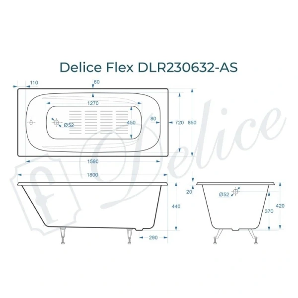 Ванна чугунная Delice Flex DLR230632-AS, 180 х 85 см, антискользящее покрытие, без ручек, цвет белый - фото 2