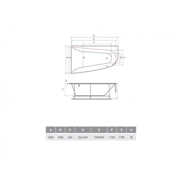 Ванна акриловая Vayer Boomerang 170.090.045.1, 170 х 90 см, без гидромассажа - фото 5