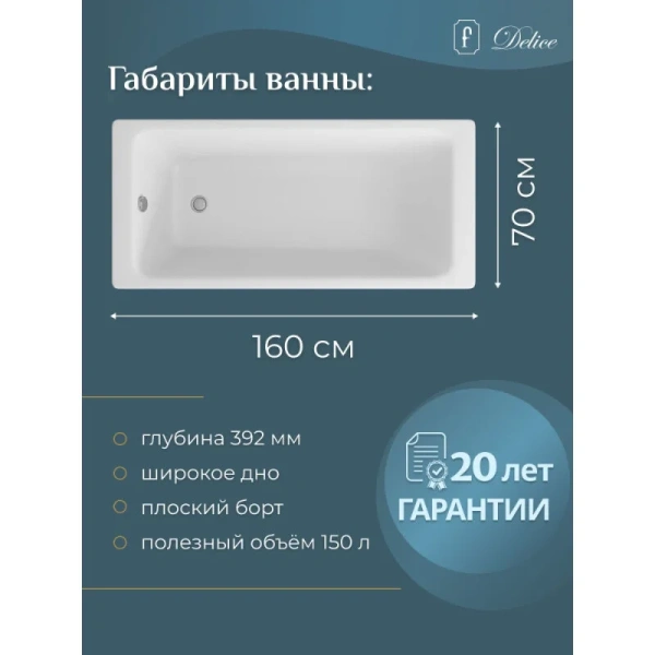 Ванна чугунная Delice Parallel DLR220504R 160x70 приставная, прямоугольные - фото 5