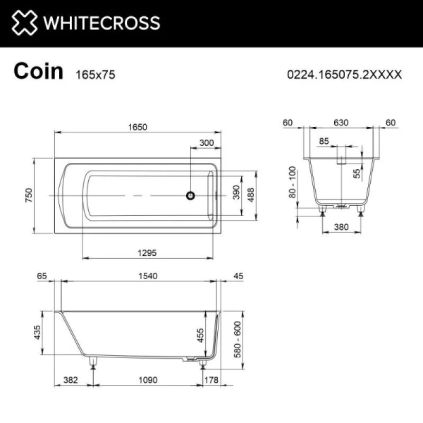 Ванна Whitecross Coin 0224.165075.2XXXX, 165 х 75 см, искусственный камень, покраска по RAL, поверхность матовая - фото 2
