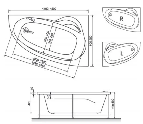 Ванна акриловая Relisan Zoya L/R 140 х 90 см (Гл000001247/Гл000001248) - фото 3