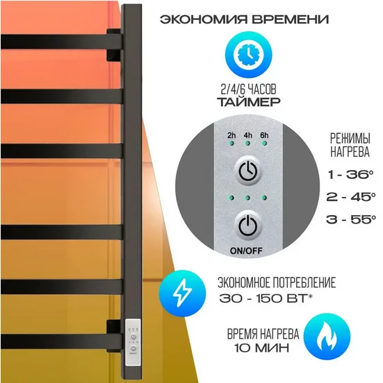 Полотенцесушитель электрический Ника Step 60х50 см черный матовый, электрические с наружной вилкой, электрические скрытого подключения, правое подключение, левое подключение - фото 5