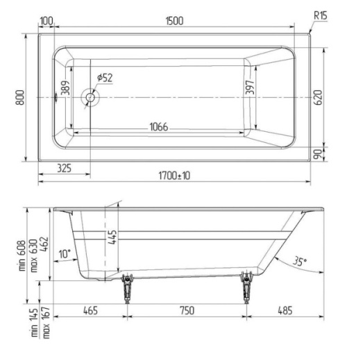 Ванна чугунная Wotte Line 170х80 см прямоугольная - фото 4
