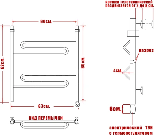 Полотенцесушитель электрический Ника Curve ЛЗ 60/60 см с терморегулятором - фото 3