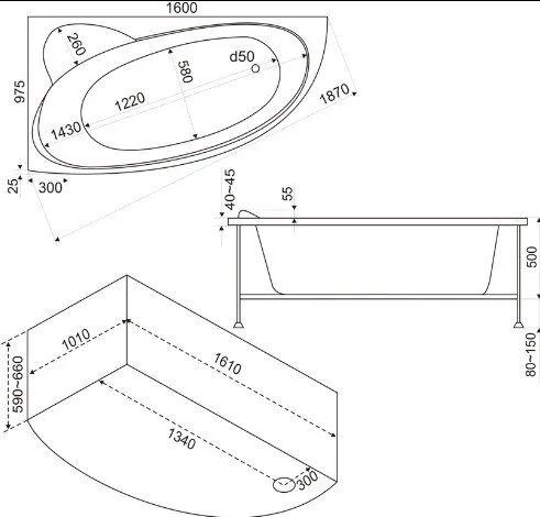 Ванна акриловая Bas Сагра, 160 х 100 см, левая/правая, В 00031/В 00032 - фото 2
