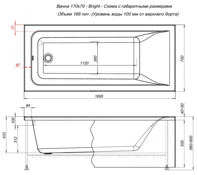 Ванна акриловая Aquanet Bright 170x70 с каркасом белая 00267835 (267835) - фото 2