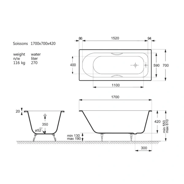 Чугунная ванна Vinsent Veron Soissons VCN1707042H, 170 x 70 см, с отверстиями под ручки, цвет белый - фото 2