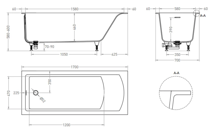 Ванна из искусственного камня Salini Cascata Kit 170х70 см белая глянцевая - фото 2