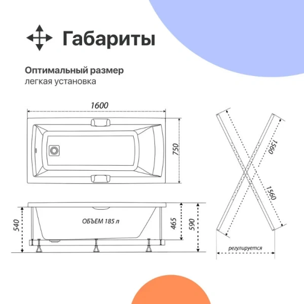 Ванна акриловая Diwo Дмитров 160 x 75 см, с каркасом, с ручками, цвет белый, Щ0000055170/Щ0000055305 - фото 4