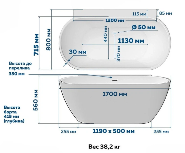 Ванна акриловая Corpa Nera Salieri CN130120, 170 х 80 см, синий матовый - фото 2