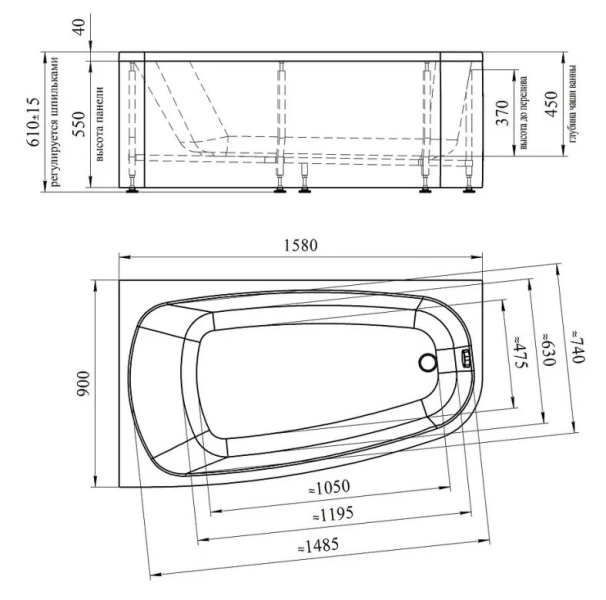 Ванна акриловая Радомир Рона 1-01-0-1-1-343/1-01-0-2-1-343, 158 x 80 см, левая/правая, белый - фото 3