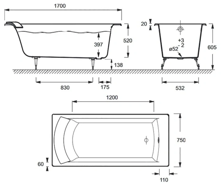 Ванна чугунная Jacob Delafon Biove 170х75 см без отверстий для ручек, без антискользящего покрытия - фото 2