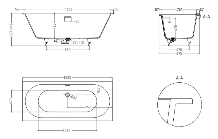 Ванна из искусственного камня Salini Ornella Axis Kit 190x90 см S-Stone (Solix) матовый - фото 2