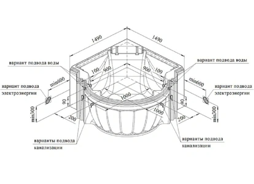 Акриловая ванна Fra Grande Монте-Карло-Gold 4-01-3-0-0-402, 149 x 149 см, рама-подставка, подголовник, комплект панелей, молдинг, слив-перелив автомат, 12 форсунок Релакс золото, контроллер 200, белая - фото 3