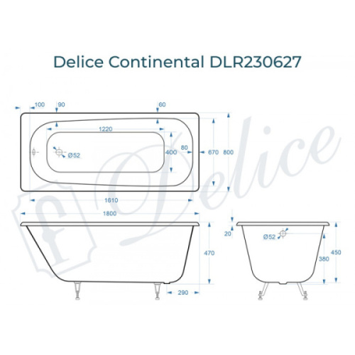 Ванна чугунная Delice Continental DLR230627 180х80 см без антискользящего покрытия - фото 4