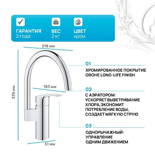 Смеситель для кухни Grohe Eurosmart 2021 однорычажный - фото 4