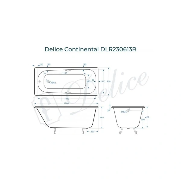 Ванна чугунная Delice Continental 170x70 с отверстиями под ручки, чугунные - фото 2