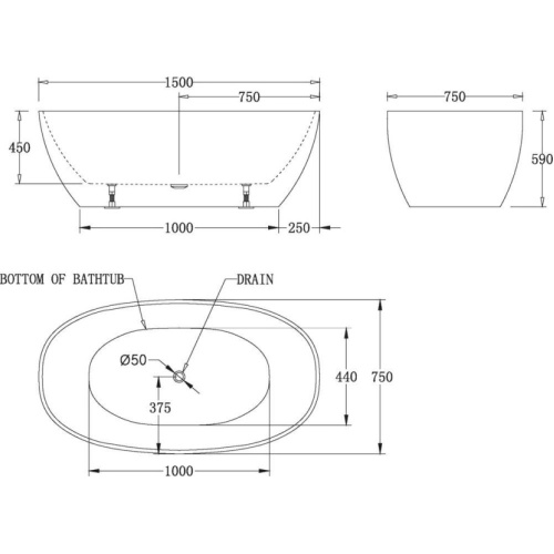 Ванна акриловая BelBagno 150х75 см овальная - фото 4