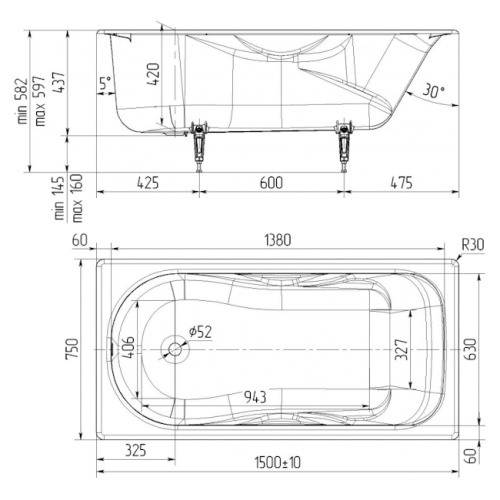 Ванна чугунная Универсал Сибирячка 150х75 см без отверстий под ручки - фото 2