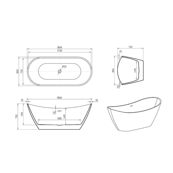 Ванна акриловая Royal Bath Wave RB610102WT, 180 x 80 см, цвет белый - фото 2