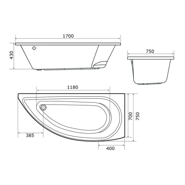 Ванна акриловая 1MarKa Piccolo 01пк1775л, 170 x 75 см, левая, цвет белый - фото 2