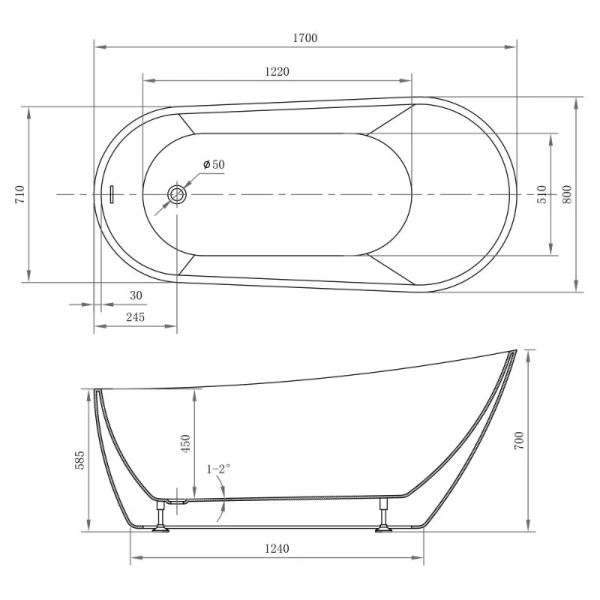 Ванна акриловая Abber AB9501, 170 x 70 см, белая - фото 2