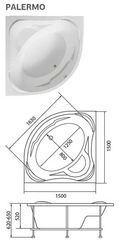 Ванна акриловая 1MarKa Palermo, угловая, 150 х 150 см, цвет белый, 01па1515, угловые, приставные, встраиваемые - фото 6