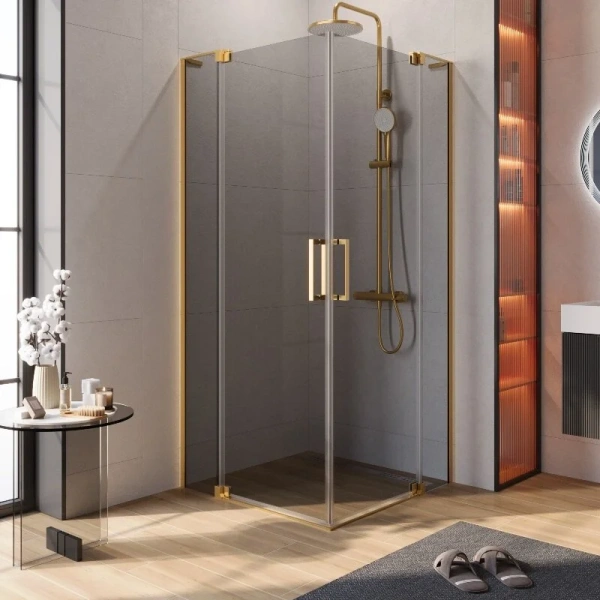 Душевой уголок Cezares Slider 110х110 см стекло серое профиль брашированное золото - фото 1