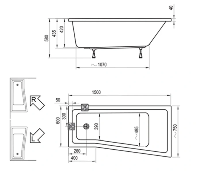 Ванна акриловая Ravak BeHappy II 150х75 см, асимметричные - фото 5