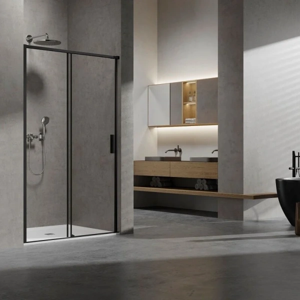 Душевая дверь в нишу Vincea Slim 120 см профиль черный стекло прозрачное - фото 1