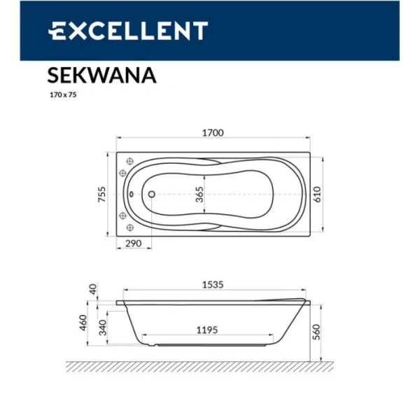 Ванна гидромассажная Excellent Sekwana Ultra Nano 170 x 75 см, цвет белый/золото, WAEX.SEK17.ULTRATNANO.GL - фото 2