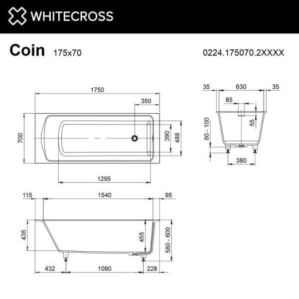 Ванна Whitecross Coin 0224.175070.2XXXX, 175 х 70 см, искусственный камень, покраска по RAL, поверхность матовая, искусственный камень - фото 2