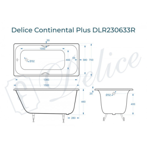 Ванна чугунная Delice Continental Plus 150х70 см с отверстиями под ручки - фото 4