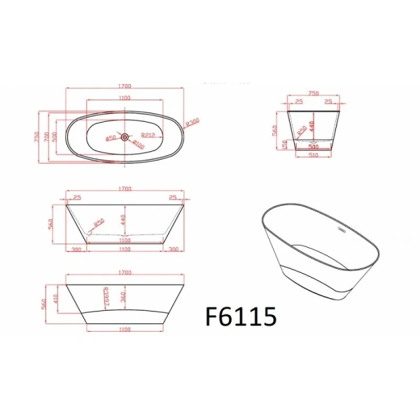 Ванна акриловая Frank F6115, 12521, 170 х 75 см, цвет белый - фото 2