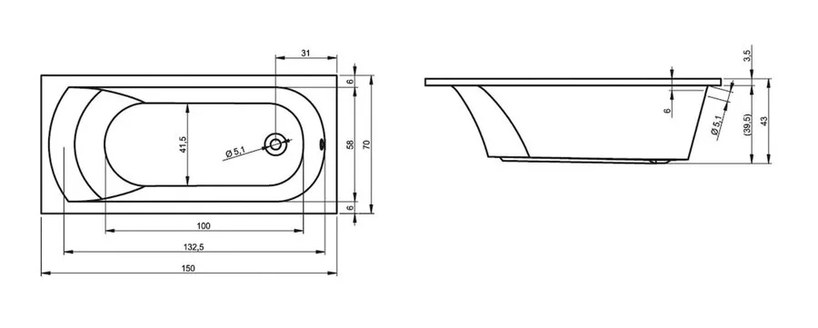 Акриловая ванна Eurolux Miamika E1015070021, 150 х 70 см, белая, без гидромассажа, недорогие - фото 6