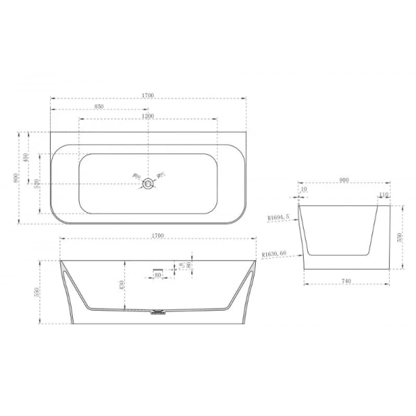 Ванна из искусственного камня Abber Stein 170х80 см прямоугольная - фото 2