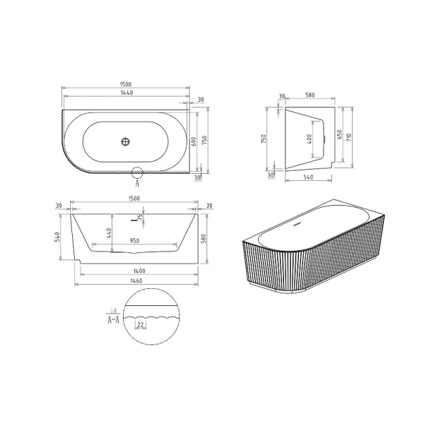 Ванна акриловая Royal Bath Nero RB710300L-GD/RB710300R-GD, 150 x 75 см, левая/правая, цвет белый, асимметричные - фото 5